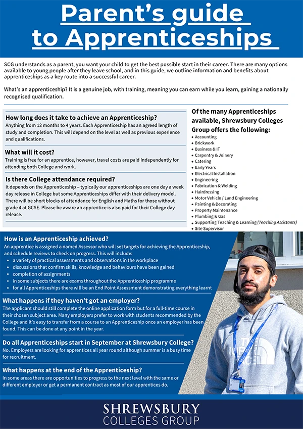 Front cover of leaflet showing an apprentice