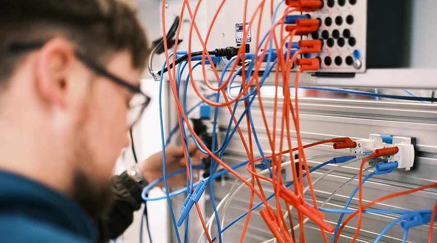 Student checking electrical connectors 